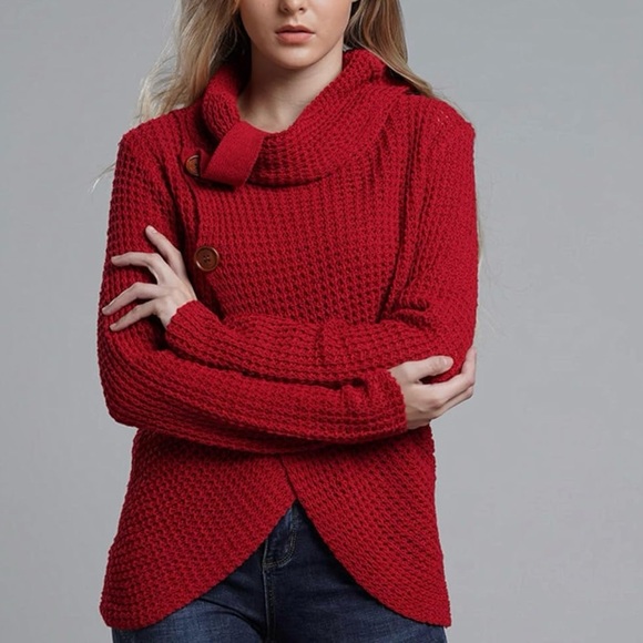 NWOT Cowlneck Overlap Knit Sweater Size Large Burgundy Wine Red Button Neck - Picture 2 of 8